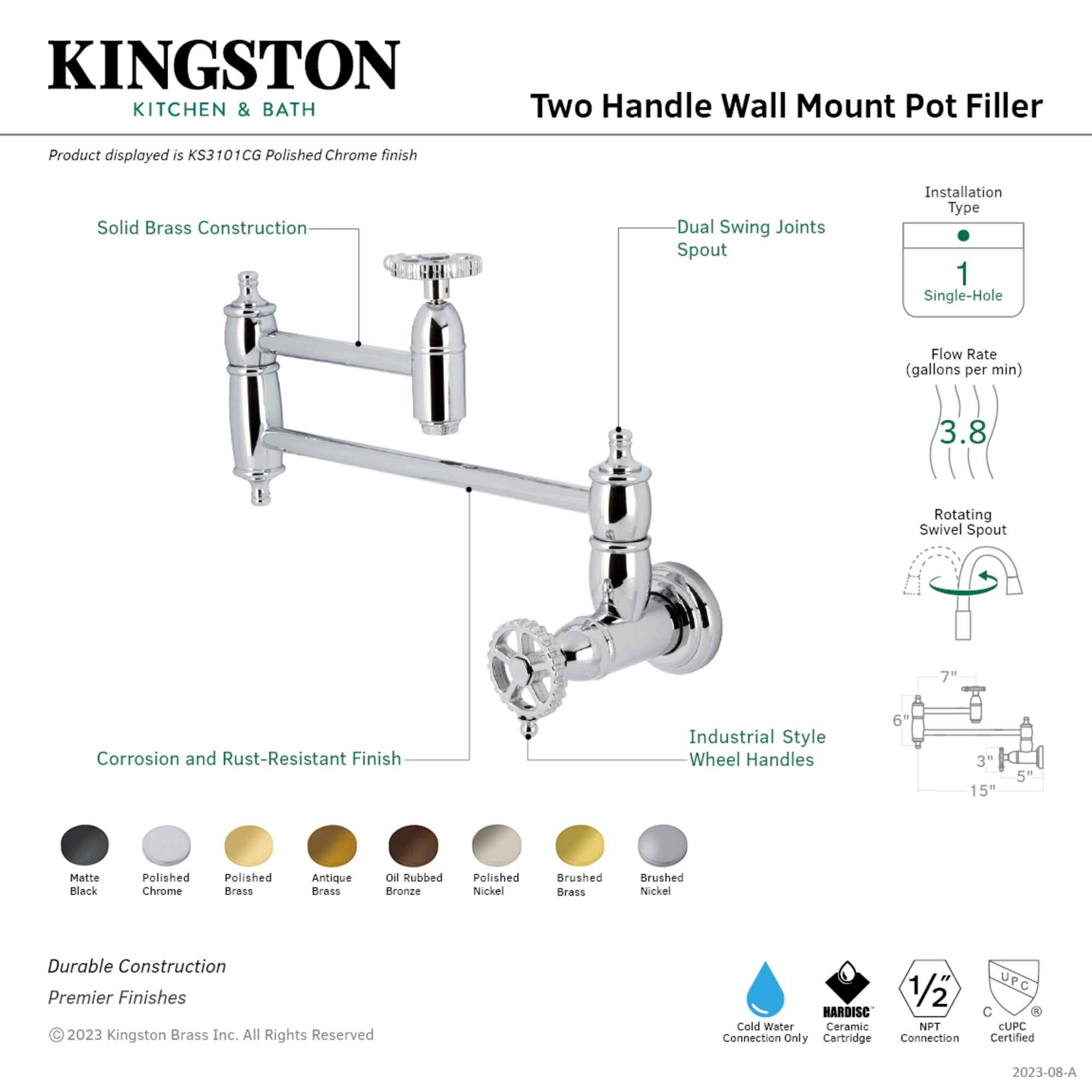 Kingston Brass KS3108CG Fuller Wall Mount Pot Filler Faucet, Brushed Nickel