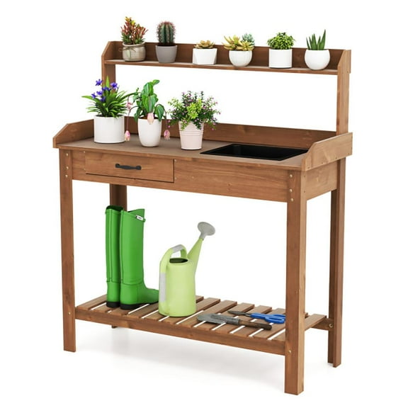 YYAo Outdoor Wooden Garden Table Work Station with Storage Shelves and Drawer-Coffee
