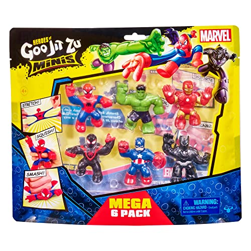 Heroes of Goo Jit Zu Marvel Mega Mini 6-Pack Super Stretchy & Squishy Mini Heroes Iron Man, Spider-Man, Captain America, Miles Morales, Hulk & Black Panther