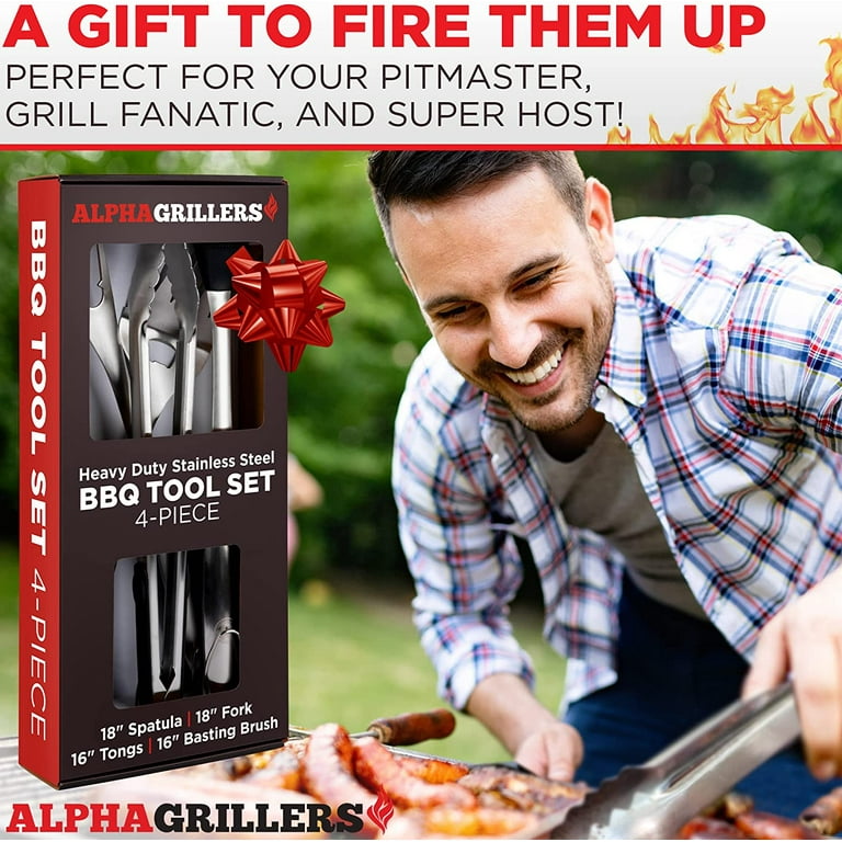 Alpha Grillers Grill Set Heavy Duty BBQ Accessories - BBQ Gifts Tool Set  4pc Grill Accessories with Spatula, Fork, Brush & BBQ Tongs - Grilling  Cooking Gifts for Men Dad Durable, Stainless