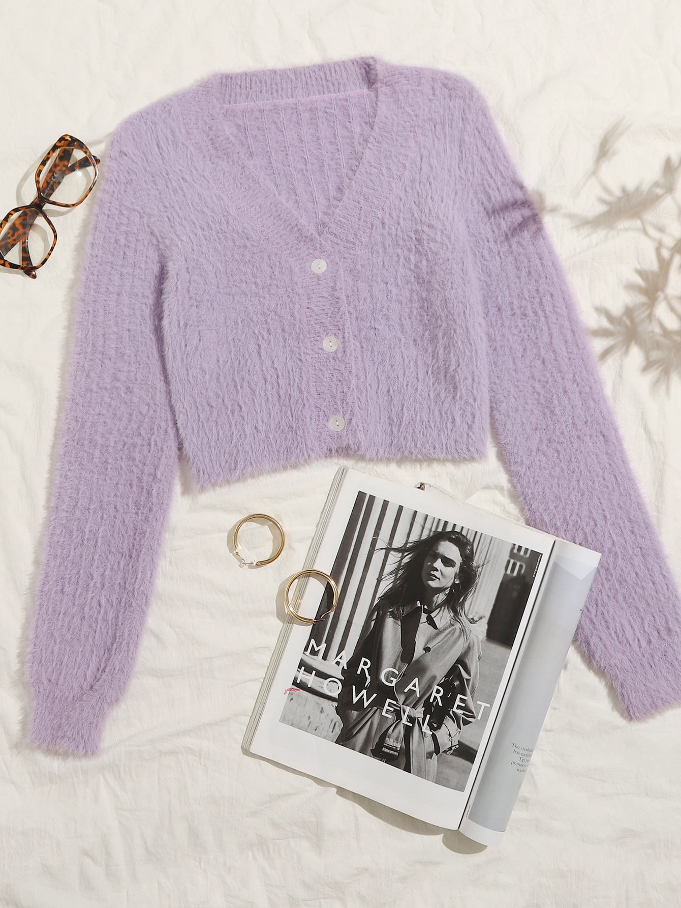 Lilac Purple Button Front Fuzzy Knit 