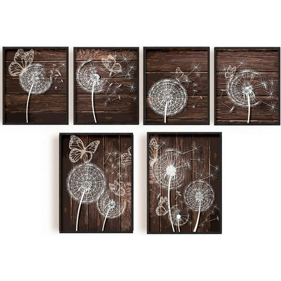 6 PCS Vintage Dandelion Wall Art Prints Self-Improvement Butterfly Wall Art Canvas Original Wood Style Base Color Prints Decorations for Teens Adults Living Room No Frame Colorful