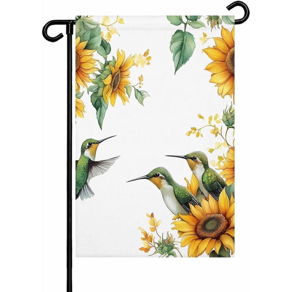 Summer Sunflower Hummingbird Garden Flags 12x18 Inch Double Sided Welcome Yard Flags for Outdoor Decor Watercolor Green Leaves on White Yard Outside Seasonal Decoration