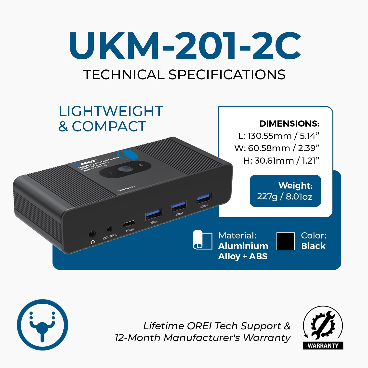 8K@60Hz 2-Port Dual Display HDMI KVM Switch with USB 3.0 and Audio (UKM-201-2C)