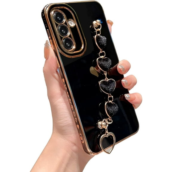for Samsung Galaxy A54 5g 6.6" Phone Case with Cute Love Heart Bracelet Strap Luxury Plating Cute Side Hearts Cover with Hand Chain for Women Camera Protection Soft Shockproof Bumper (Black)