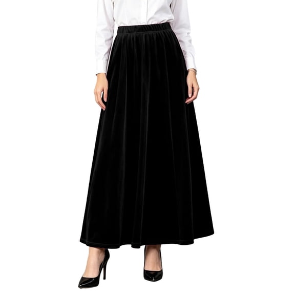 Curuila Womens Velvet Skirts Solid Color Elastic Waistband Fashionable A Line Long Skirts For Women Size L
