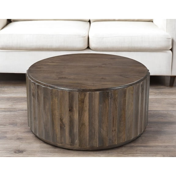 36" Brown Solid Wood Round Drum Coffee Table