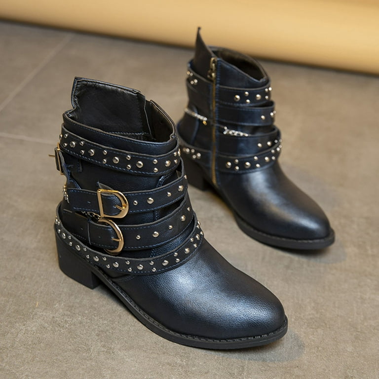 KIJBLAE Women s Ankle Boots Faux Suede Buckles Chain Studded Low Heel Zipper Booties Blue 36 Walmart