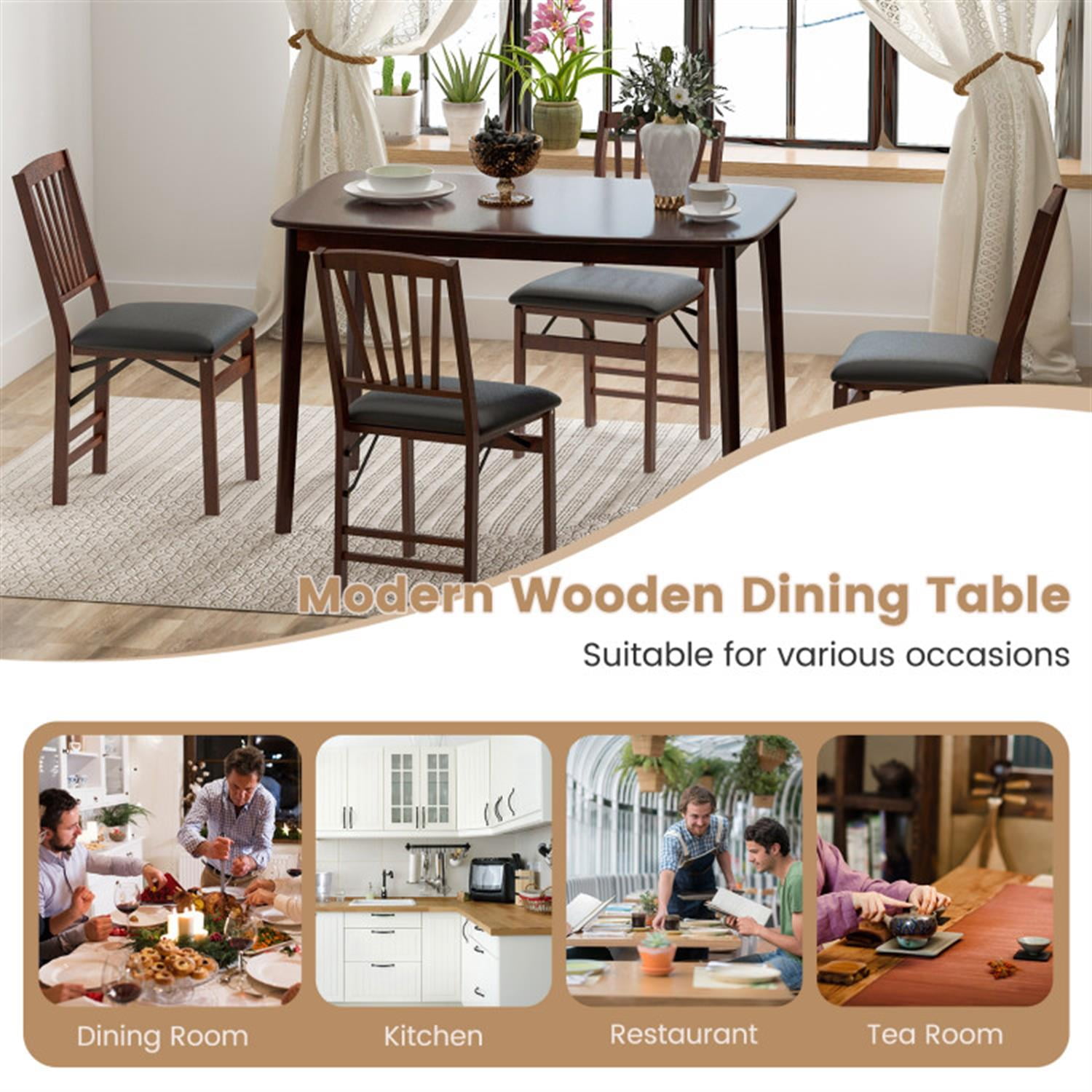 Demi Bonn 48" Solid Wood Dining Table with Rubber Wood Supporting Legs for Kitchen Dining Room, Modern Rectangular Dining Table Furniture, Brown