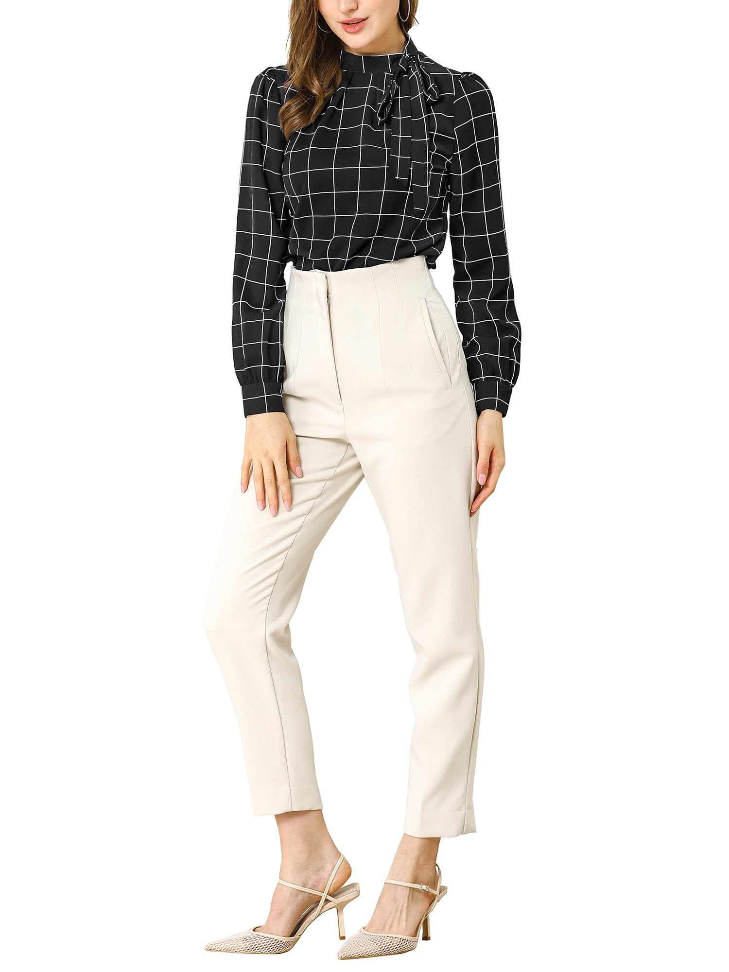 DARING DIVA Bow-Tie Neck Office Work Checks Shirt Top M Black
