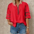 thumbnail image 2 of vigerkar Women Dressy Zipper Tops Summer Casual V Neck Mesh Panel 3/4 Bell Sleeve Loose Blouse Top Red, XL, 2 of 5