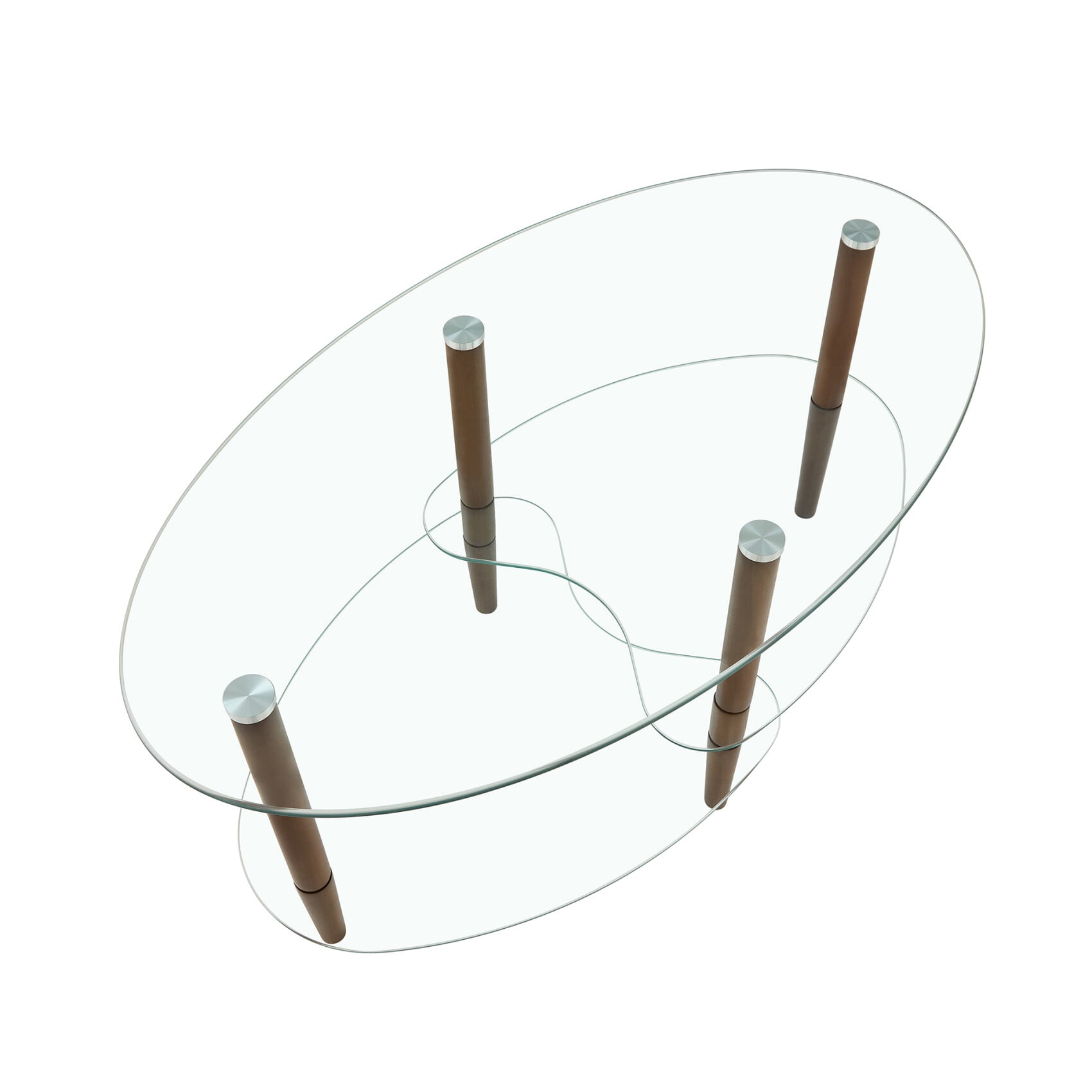 Glass Coffee Table, Modern Multi-Function 3-Layer Oval Tea Table with Wood Legs, Tempered Glass Small Coffee Table for Living Room, Bedroom, Brown