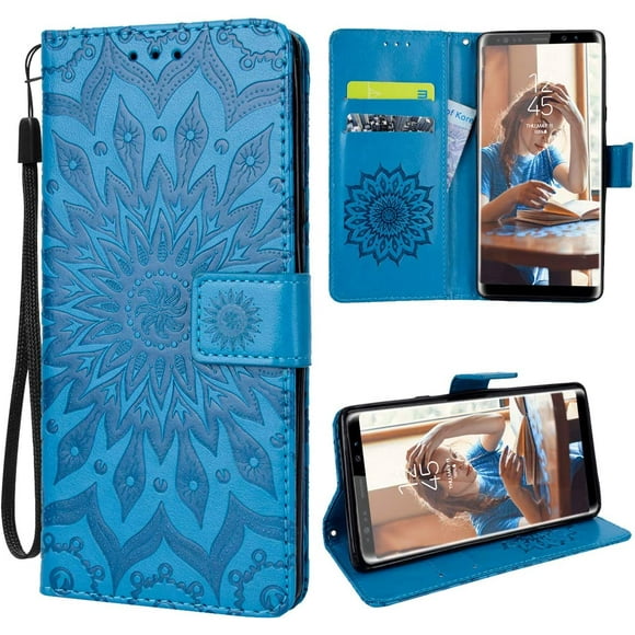 For Samsung Galaxy Note 9 Mobile Phone Cover Leather Pu Wallet Flip Case Flower Pattern Sunflower - Blue