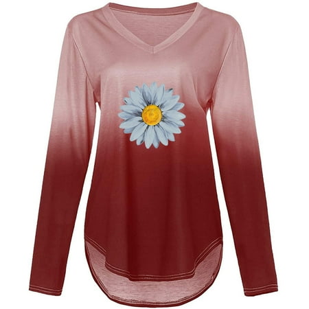 

jsaierl V Neck Blouses for Women Plus Size Sexy Tie Dyed V Neck T Shirts Long Sleeve T-shirt Top Pullover Blouses Tops