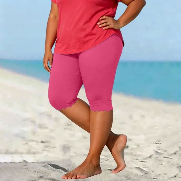 Mifsaly Plus Size Womens Capri Pants Scalloped Hem High Waisted Yoga Capris Soft Comfortable Stretch Workout Knee Length Leggings Hot Pink,XXXL