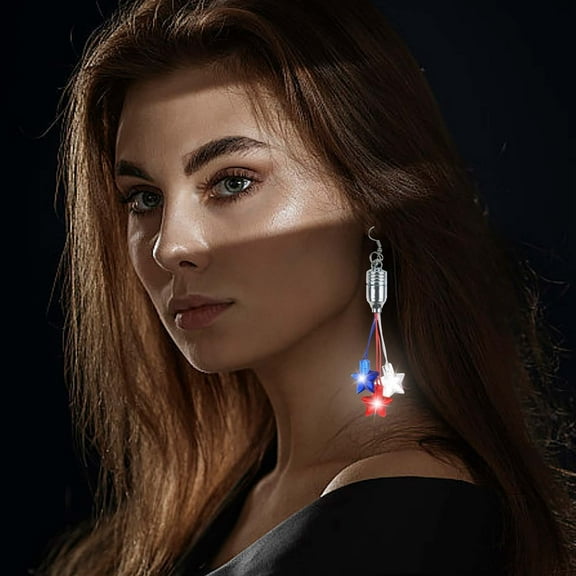 Patriotic American Flag LED Light Earrings for Women - 4th of July Independence Day Dangle Drop Hoops, Light Up Hook Earrings, Red White Blue Bulb Party Jewelry, Fashion Gifts for Her