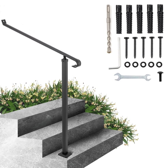 VEVOR Handrails for Outdoor Steps 1-2 Step Railings Wrought Iron Handrail Stair Railings for Steps Black Iron Railings for Steps Wall and Floor Mounted with Installation Kit
