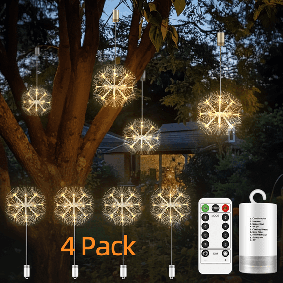 4 Pack Battery Operated Hanging LED Twinkle Lights With Remote, Whimsical Dandelion Starburst Fairy Lights, 8 Modes, Dimmable, Timer, Waterproof Ceiling Firework Lights For Wedding, Warm White