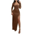 thumbnail image 2 of OSFVNOXV Women's Cocktail Dress High Waist Bodycon Square Neck Long Sleeve High Split Ruched Midi Wedding Party Dress, 2 of 8