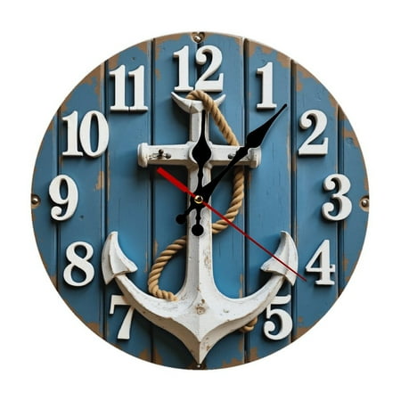 Anchor Nautical Rope Wall Clock 10 Inch Silent Non Ticking Round Clock Decoration for Living Room