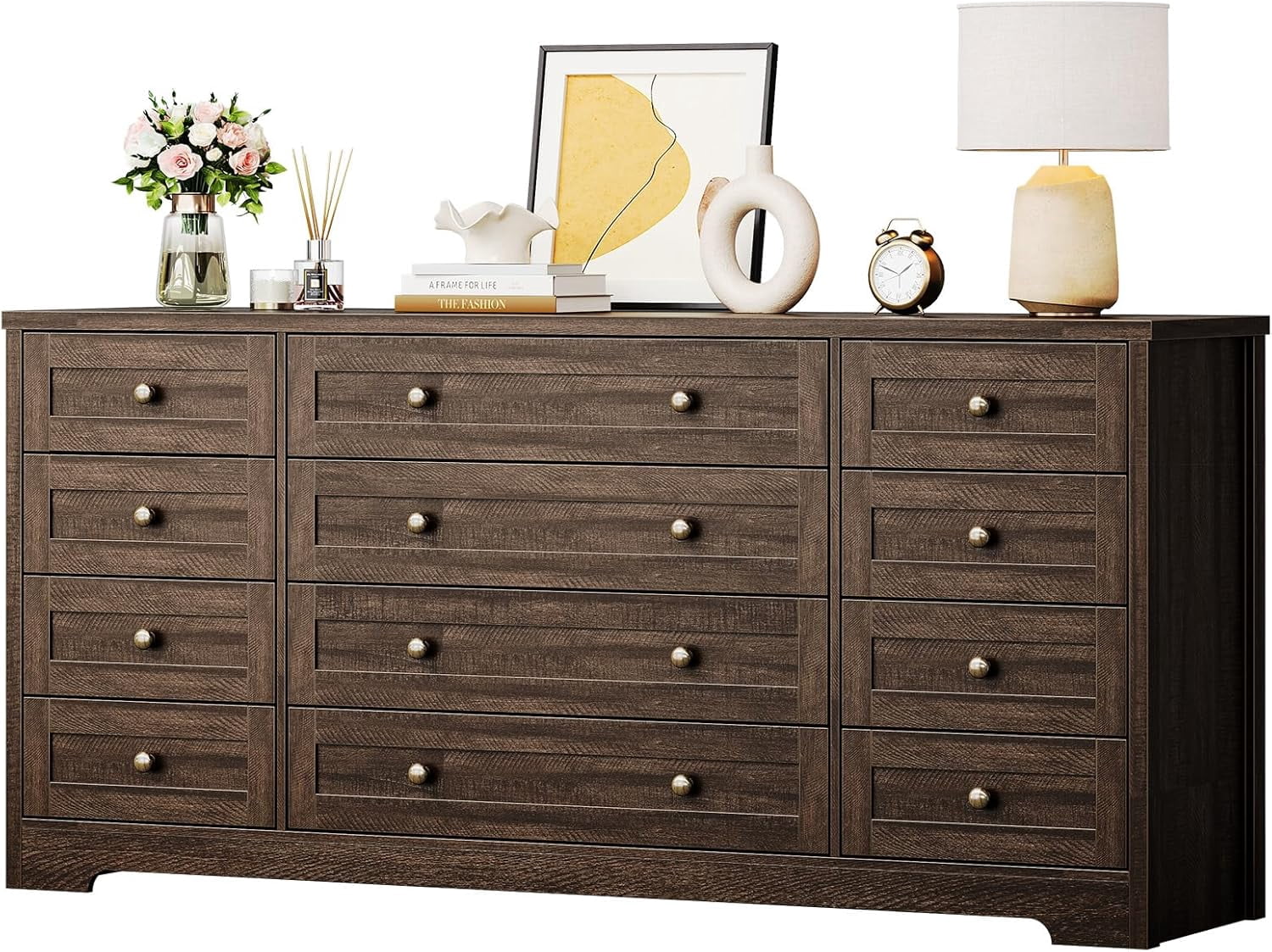 Twister.CK 12-Drawer Wooden Dresser, Modern Chest of Drawers & TV Stand for 65-Inch TV, Bedroom, Closet, Living Room, Hallway, Brown