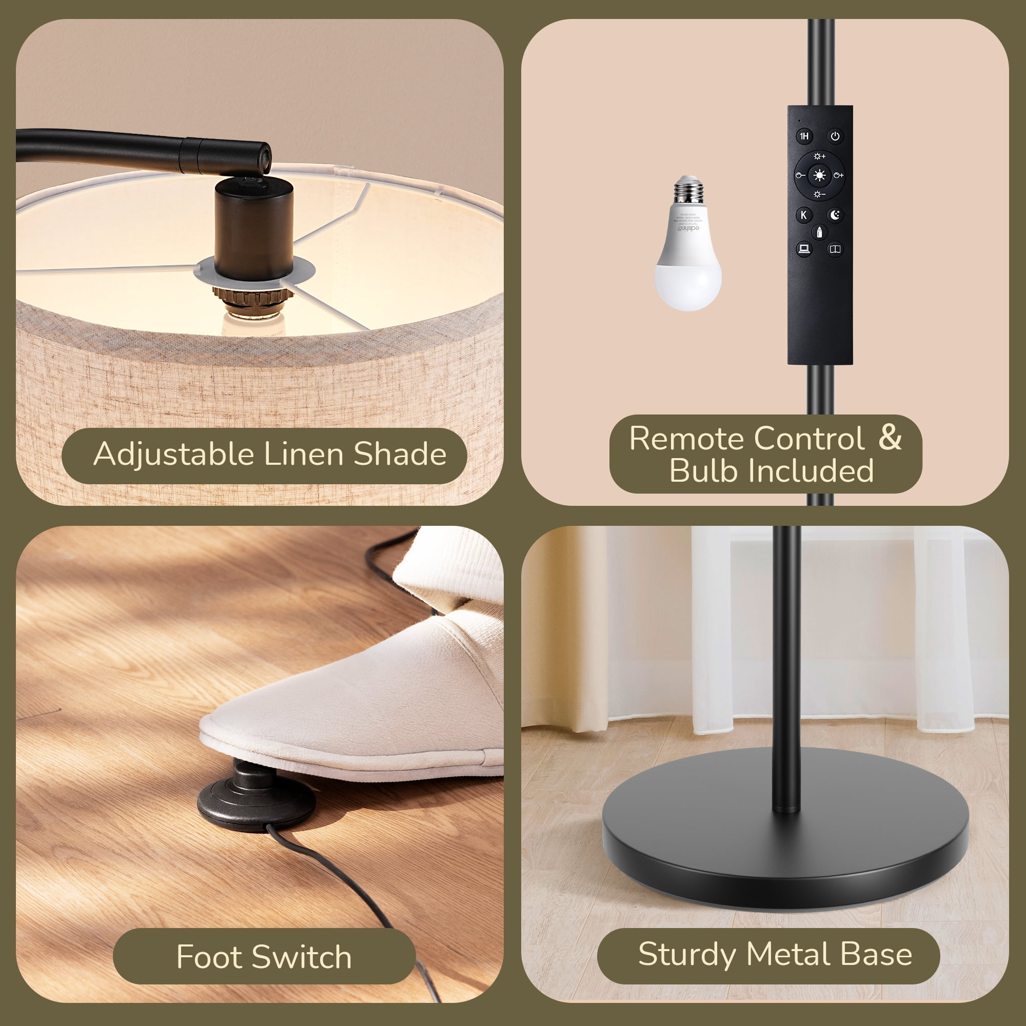 DEWENWILS 63.4in Modern Floor Lamps with Remote for Living Room, Adjustable Lampshade, LED Bulb Included, Black