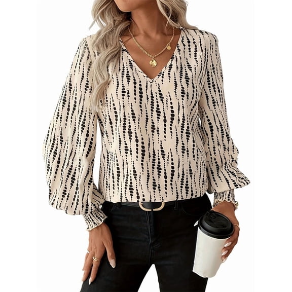 Women'S Allover Printed Blouse Tops V Neck Lantern Long Sleeve Shirred Casual Work Shirt White S