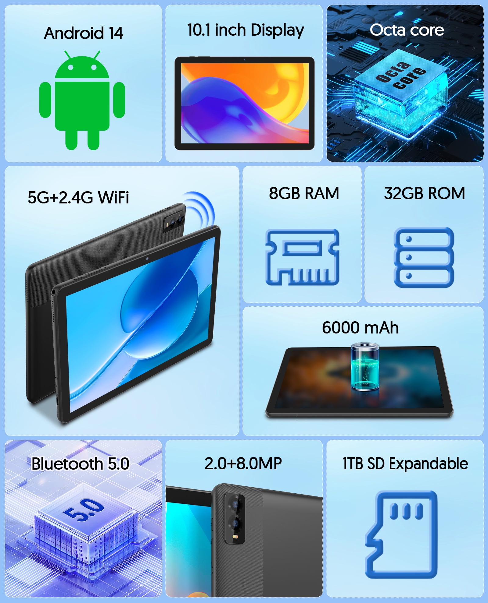 FITIFUN Android 14 Tablet 10.1 inch Tablet, 8GB RAM+32GB ROM+1TB Expandable,Octa-Core,5G Wi-Fi 6, 2+8MP Dual Camera,6000mAh Battery,1280x800 FHD IPS, Bluetooth,2 in 1 Tablets with Keyboard,Mouse,Case