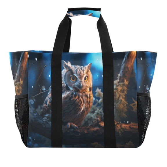 Owl on Branch in Night Reusable Grocery Bags with Handle Side Pocket Waterproof Shopping Portable Tote