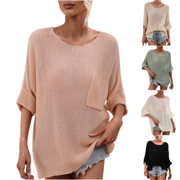 safuny Women's Trendy Loose Knitted Sweater Clearance Solid Tops Long Sleeve Tees Round Neck Shirts Bust Pocket Vintage Clothing 2024 Fashion Summer Khaki L