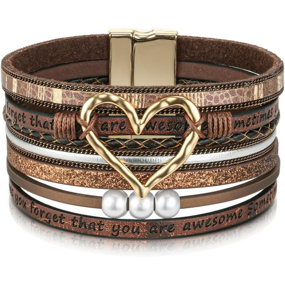 CFIOZYOS Inspirational Heart Leather Bracelets for Women, SOMETIMES YOU FORGET ARE AWESOME Gifts for Women Teen Girls on Birthday Christmas,Beige Wrap Boho Leather Bracelet Jewelry