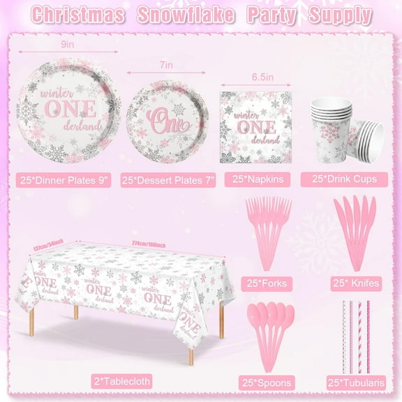 YUYAN-202Pcs Christmas Winter Onederland 1st Birthday Party Supplies Pink Silver Snowflake Disposable Tableware Paper Plates Napkins Cups Tablecloths Sets for Baby Girls Holiday Party Decorations, Se