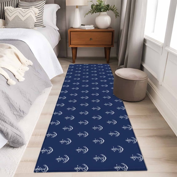 Navy Blue Anchor Runner Rug 2x6 FT,Non Slip Hallway Carpet,Nautical Coastal Summer Ocean Ship Washable Soft Floor Carpet Throw Runner Carpet Long Rug for Entryway Kitchen Bedside Sliding Door