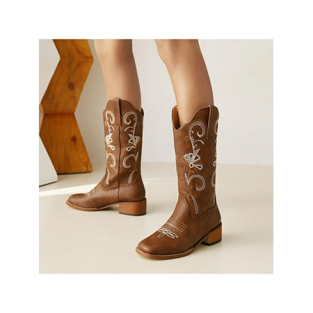 

Ymiytan Womens Western Cowgirl Boots Outdoor Vintage Casual Mid Calf Chunky Boots Dark Brown 6.5