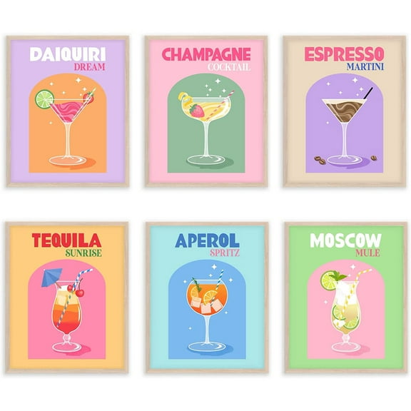 Jack Meets Kate Aesthetic Funky Cocktail Preppy Room Decor Wall Art Print for Teen Girls, (Pack of 6) 8x10”