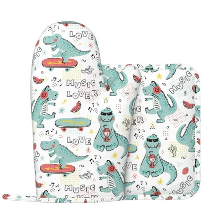 

Oven Mitts and Pot Holders Sets Music Lover Dinosaur Non-Slip Silicone Oven Gloves Potholders Cotton Lining Heat Resistant Gloves Hot Pads for Kitchen Cooking Baking