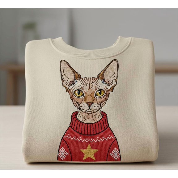 Embroidered Sphynx Cat Christmas Sweatshirt – Hairless Cat in Festive Sweater, Holiday Gift for Cat Lovers, Cozy Winter Crewneck