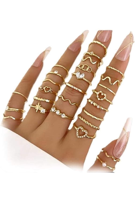 28 Piece Gold Ring Set for Women,Waterproof Gold Plated Stackable Statement Rings,Exquisite Alloy Jewelry Gifts for Mothers Daughters Nieces(Gold)
