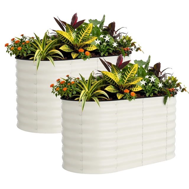 Galvanized Raised Garden Bed Planter Box 2x4x2ft - Oval Deep Design with Cut-Resistant Strip, Rust-Proof White Metal for Vegetables & Outdoor Flowers (1-Pack)