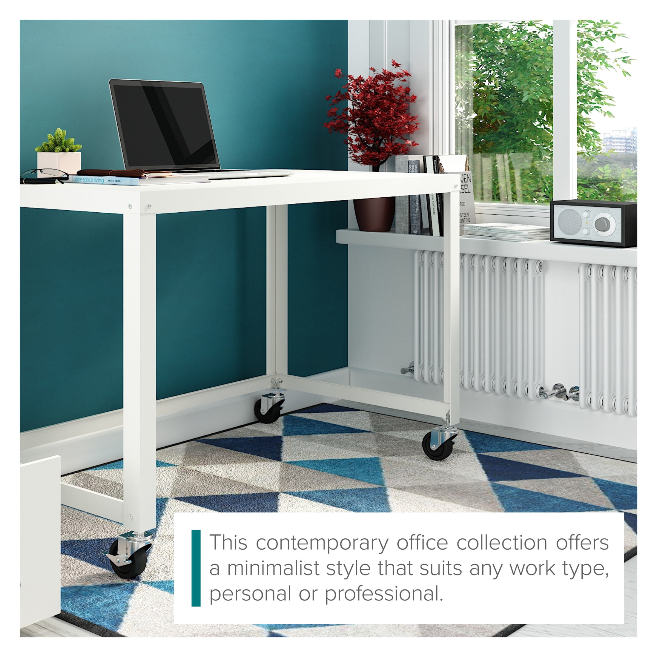 Hirsh Ready-to-Assemble 48-inch Wide Mobile Metal Desk for Home Office, White