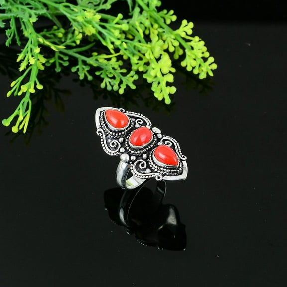 Italian Red Coral Handmade 925 Sterling Silver Jewelry Ring Size 6