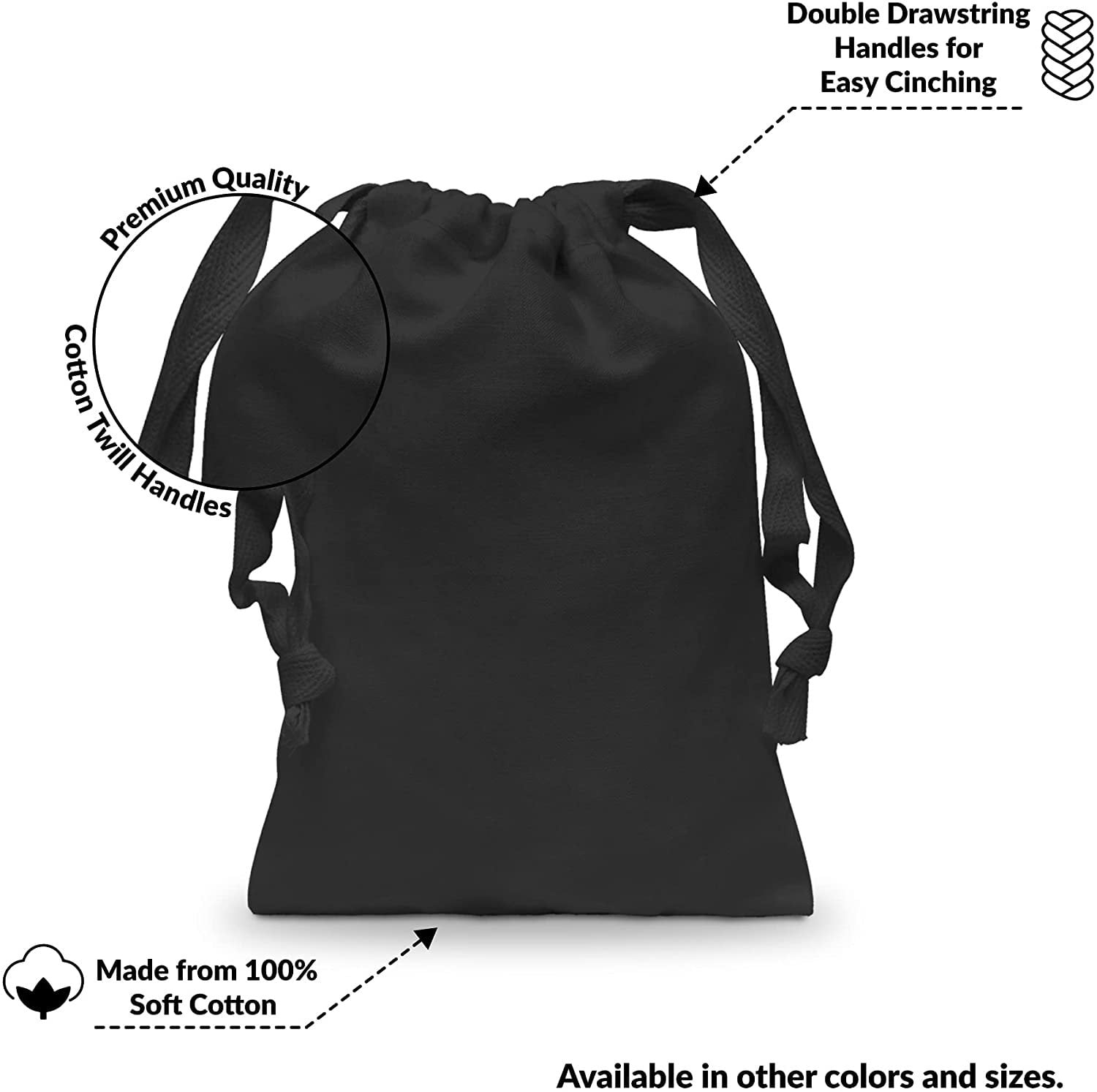 7x12 Inch Hand Sewn Black Hem and Black Drawstring Muslin Bags