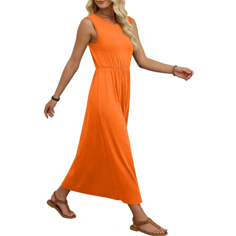 orange tank dress a line longantii Summer Dresses for Women 2026 Maxi Dresses Long Flowy Sleeveless Sundresses with Pockets Black M Color:LT Blue