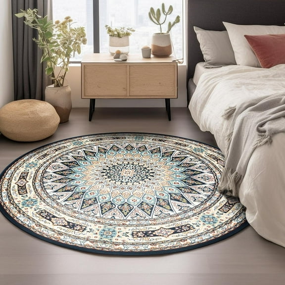 Unique Loom Narenj Collection Area Rug - Adams (5' 3" Round Navy Blue/Beige)