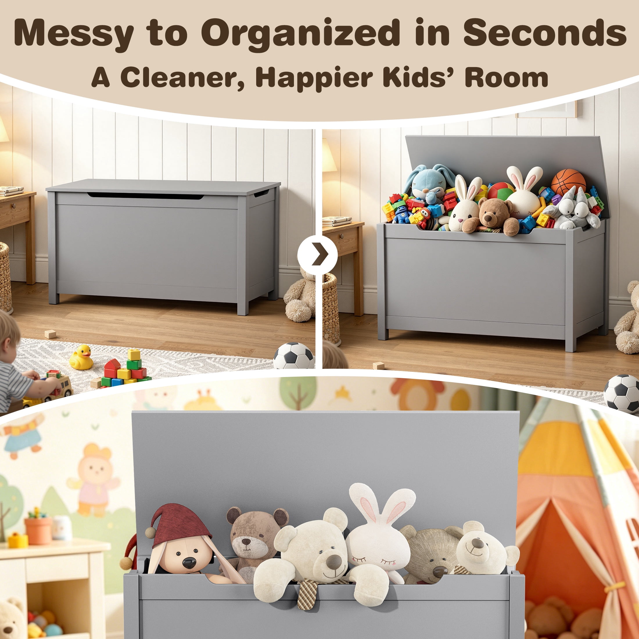 Large Toy Box with Lid, SESSLIFE Wooden Toy Chest and Seating Bench for Boys Girls, Safety Hinged Toy Storage Box, Toy Organizer for Playroom, Bedroom, Nursery, Gray