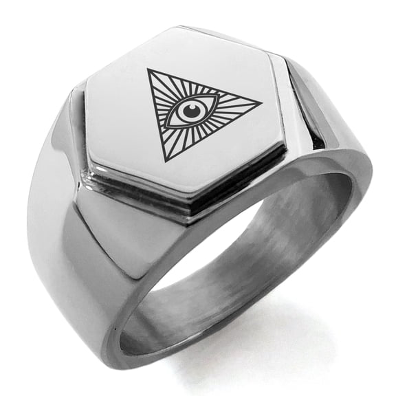Stainless Steel All Seeing Eye Engraved Hexagon Crest Flat Top Biker Style Polished Ring