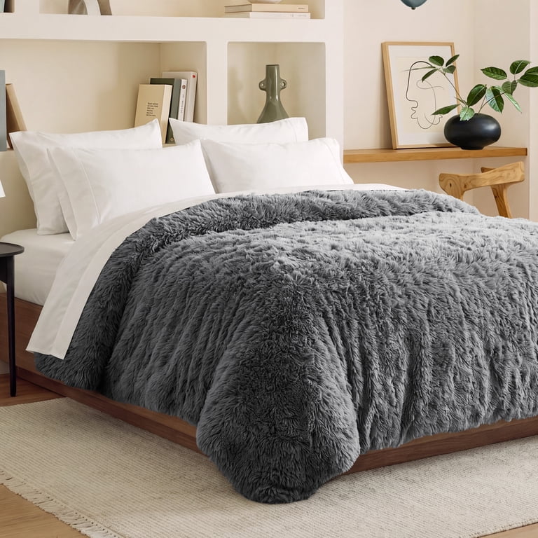 Bare Home Shaggy Faux Fur Duvet Cover, Queen, Gray photo 1