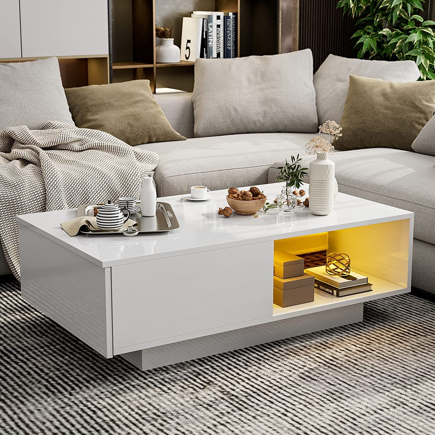 IKIFLY Modern High Gloss Coffee Table with 16 Colors LED Light, LED ...