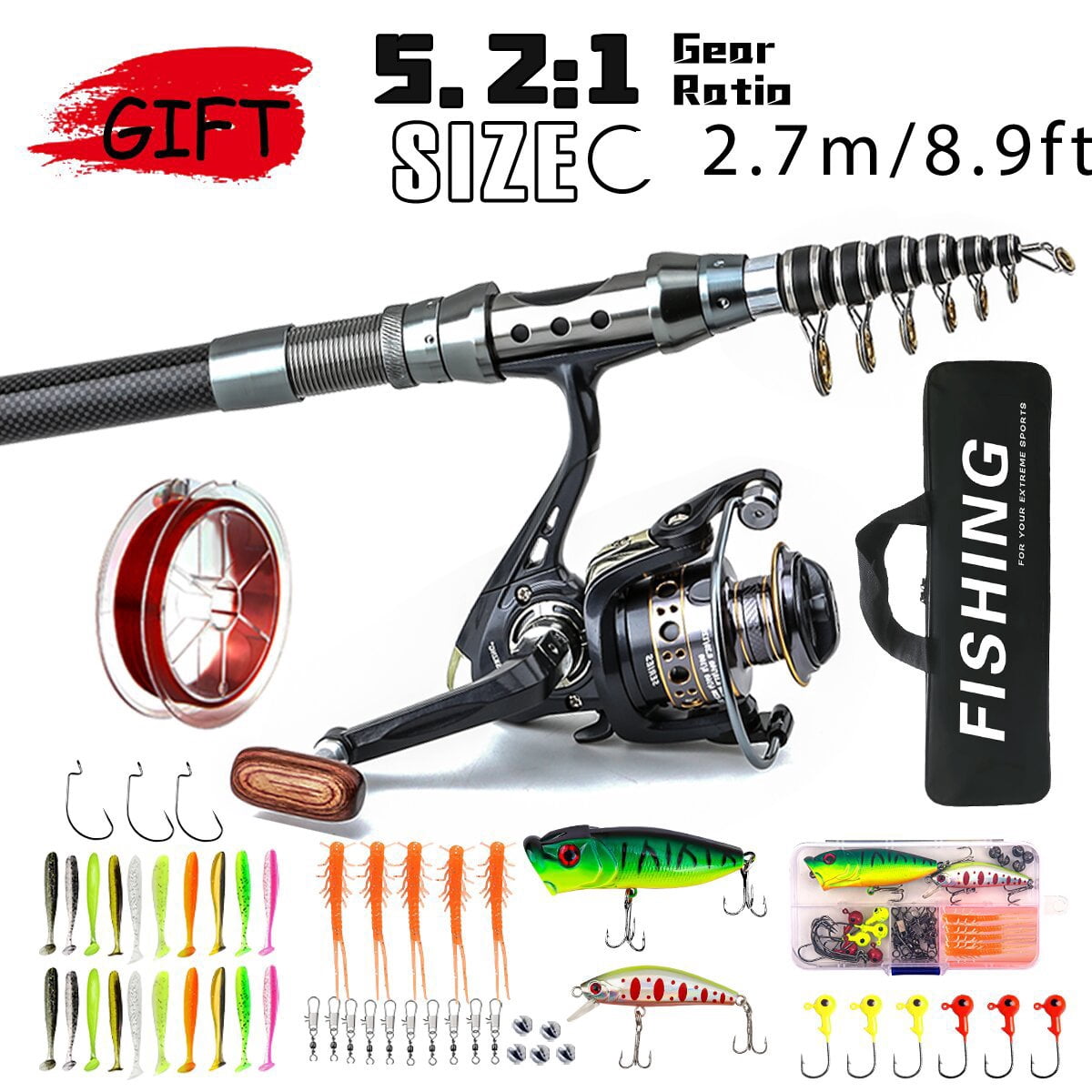 Carbon Fiber Travel Fishing Rod Corrosion-Resistant Saltwater Spinning Rod 5 Collapsible Section with Carry Bag Beach