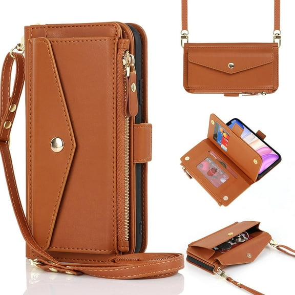 for iPhone 13 Wallet case,iPhone 13 Phone case with Zipper Card Holders for Women Slots Crossbody Flip Folio Book Cover with Credit Card Holder Men case - Brown